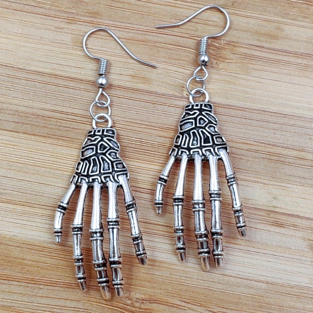 Any 2/$20! Antiqued Silver Skeleton Hand Earrings - Picture 3 of 8